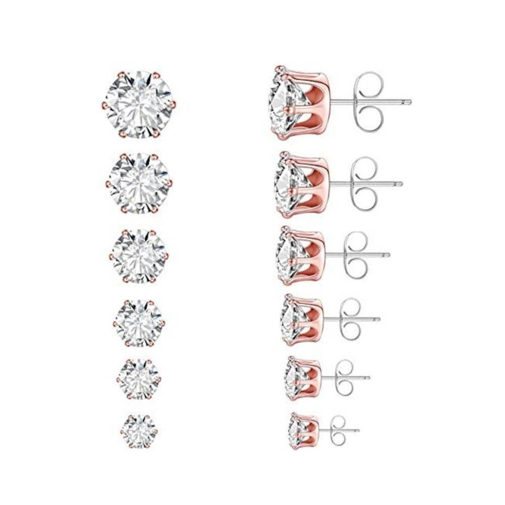 Cz Solitaire Earrings 6 Pairs Boxed Set Rose Gold Unisex New Closeout!